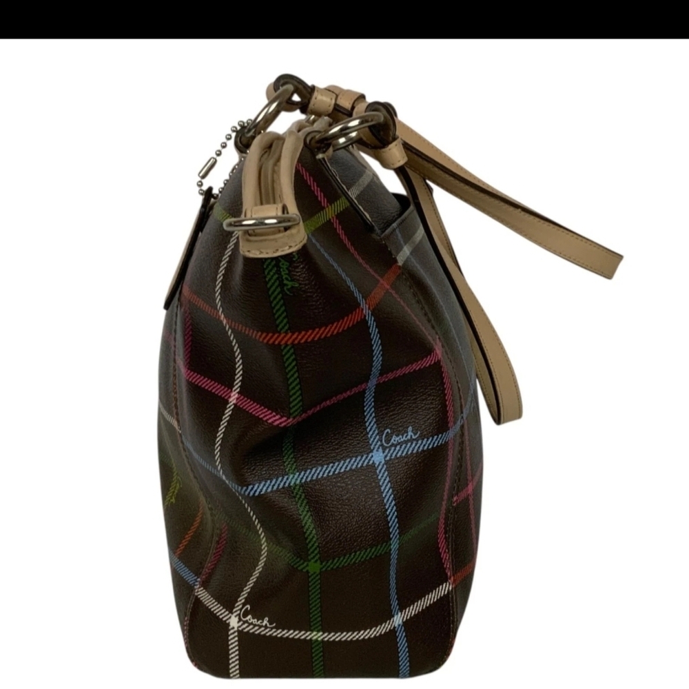 Coach Brown Plaid Tote with Tan Handles and Multicolor Stripes - Picture 2 of 9